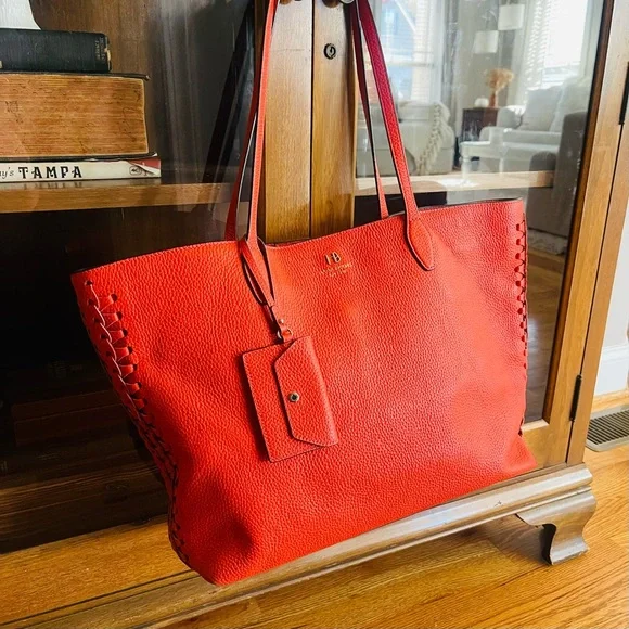 Henri BENDEL Orange Coral Leather Noho Novelty Gusset Large Braided Work Bag - Picture 2 of 16